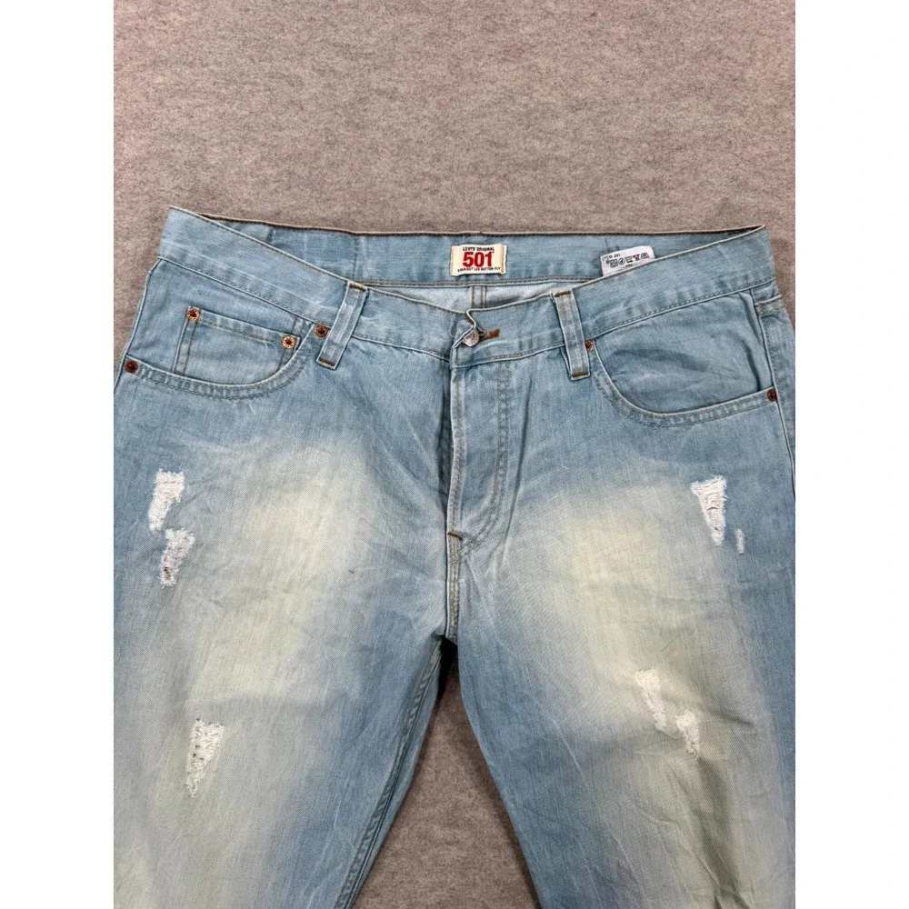 Levi's 501 Jeans Mens 36x34 Light Blue Denim Distressed Straight Leg Button Fly